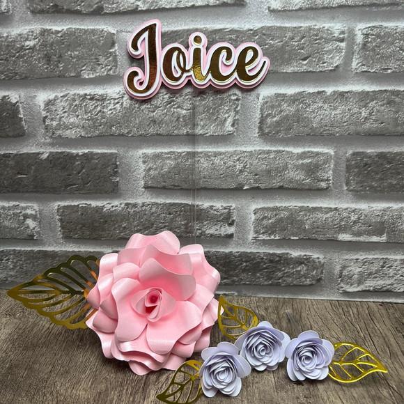 Topo de Bolo Nome e Flores Rosé e Branco