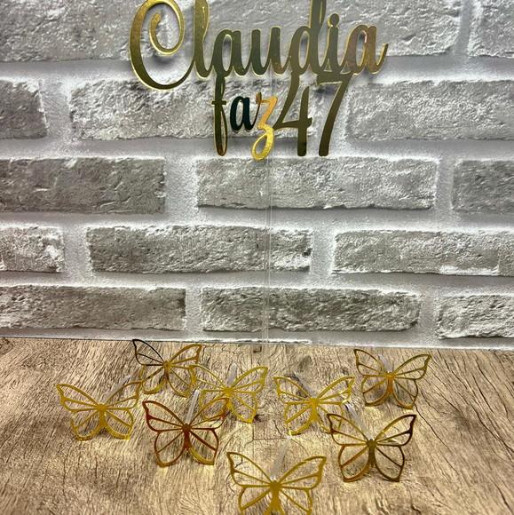 Topo de Bolo Nome Idade e Borboletas Dourado