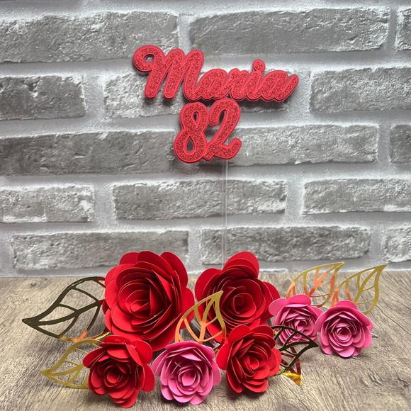 Topo de Bolo Nome Glitter e Flores