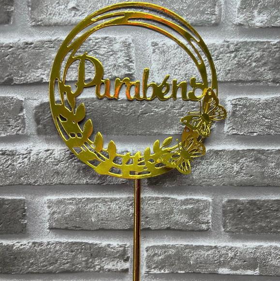 Topo De Bolo Parabéns Dourado Circular
