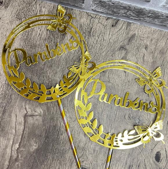 Topo De Bolo Parabéns Dourado Circular