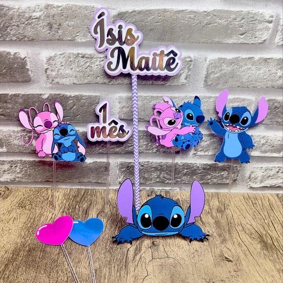 Topo de Bolo Stitch e Angel Nome Prata