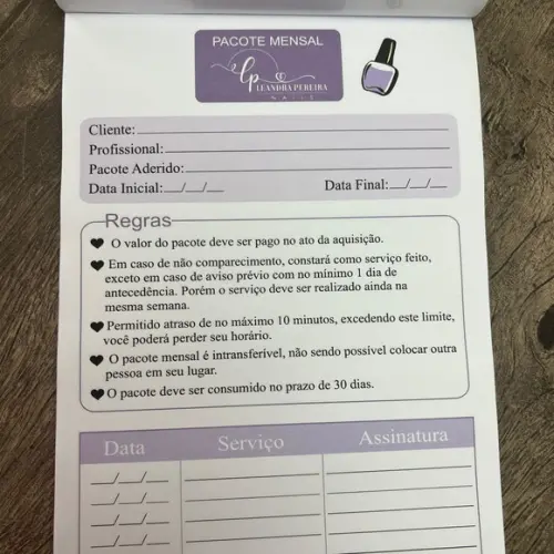Bloco de Folhas Receituário Manicure