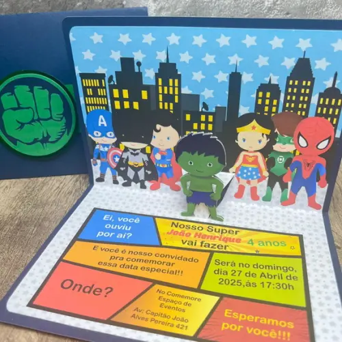 Convite de Aniversário Pop-up Heróis