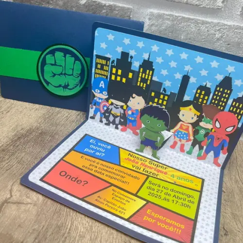 Convite de Aniversário Pop-up Heróis