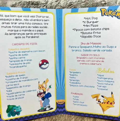 Menu Cardápio Infantil Festa Aniversário Pokémon