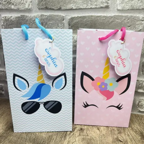 Sacolinhas Personalizadas Unicórnio Franja Azul Menino