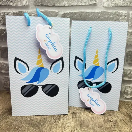 Sacolinhas Personalizadas Unicórnio Franja Azul Menino