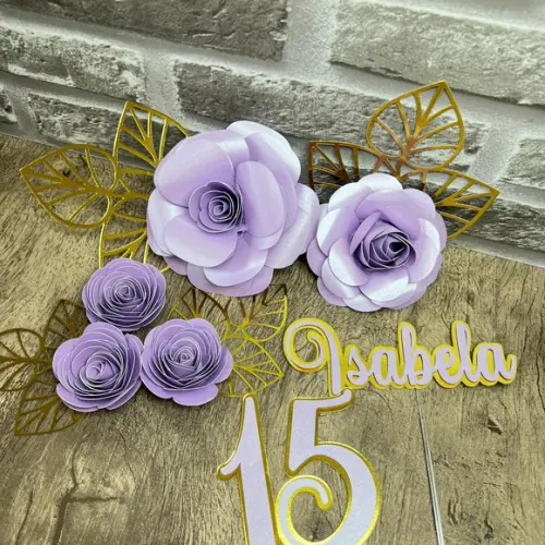 Topo de Bolo 15 Lilás e Flores