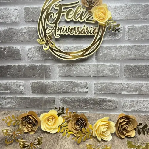 Topo de Bolo Feliz Aniversário e Flores