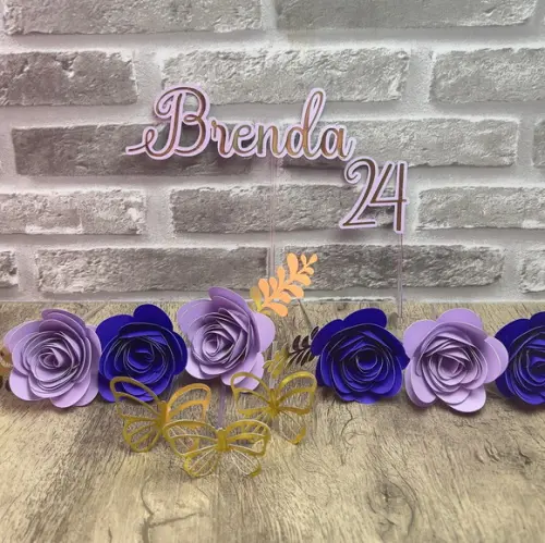 Topo de Bolo Flores Roxo Lilás