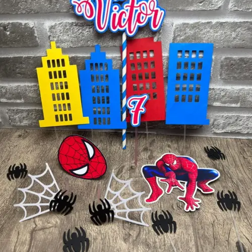 Topo de Bolo Homem Aranha Prédios Coloridos