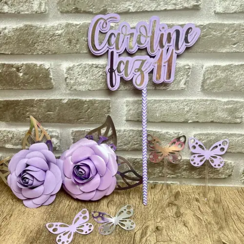 Topo de Bolo Nome Borboletas e Flores Violeta Lilás