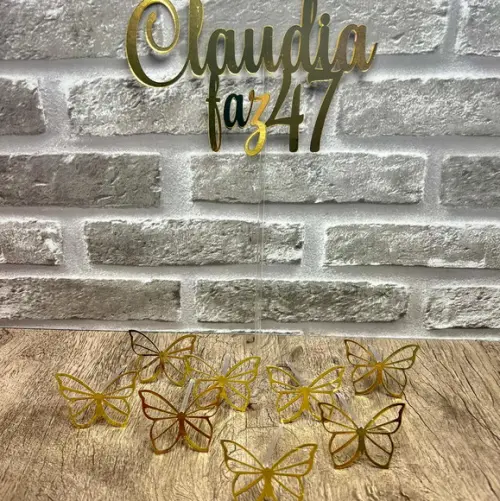 Topo de Bolo Nome Idade e Borboletas Dourado