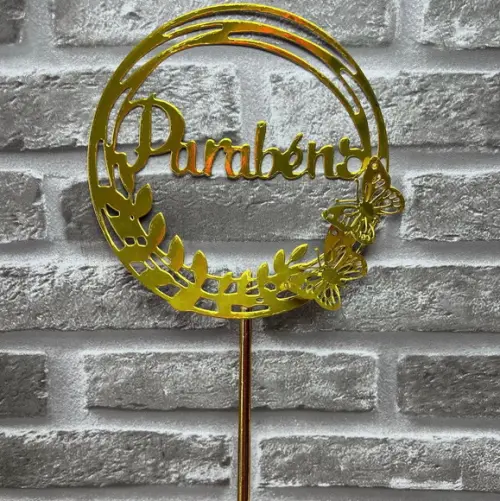 Topo De Bolo Parabéns Dourado Circular