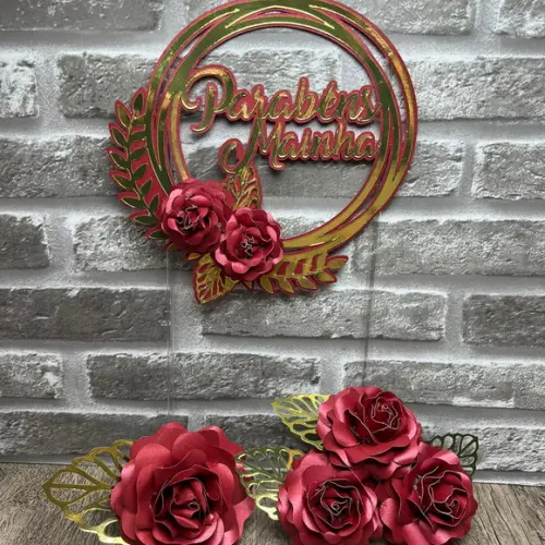 Topo de Bolo Parabéns Mainha e Flores