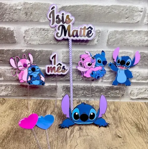Topo de Bolo Stitch e Angel Nome Prata