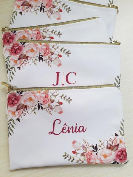Necessaire Casamento Floral com Zíper Dourado Slim