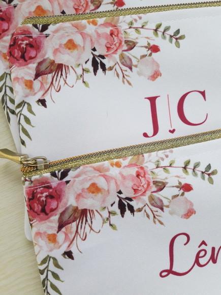 Necessaire Casamento Floral com Zíper Dourado Slim