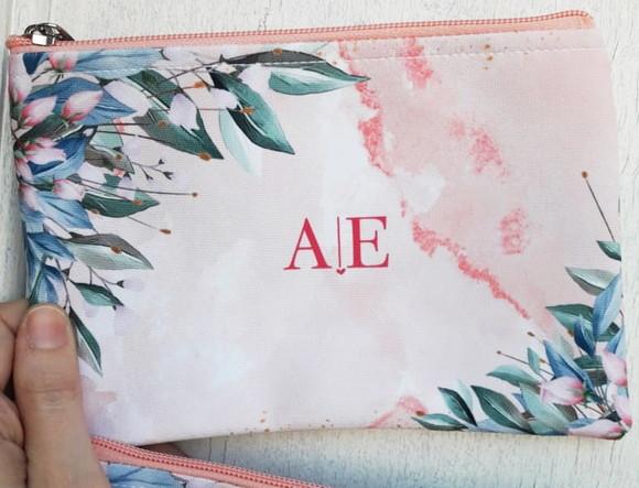 Necessaire Slim Folhagens com Rosa