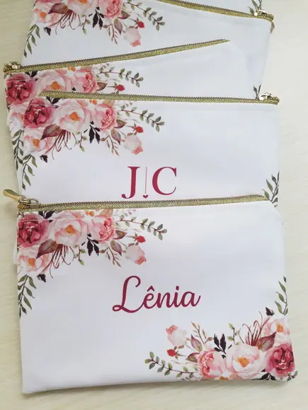 Necessaire Casamento Floral com Zíper Dourado Slim