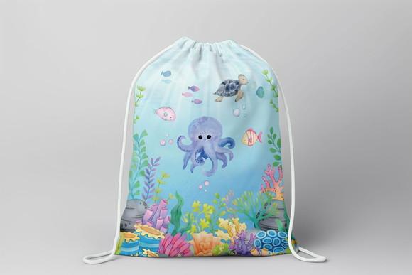 Mochilinha Personalizada Fundo do Mar Azul Aquarela