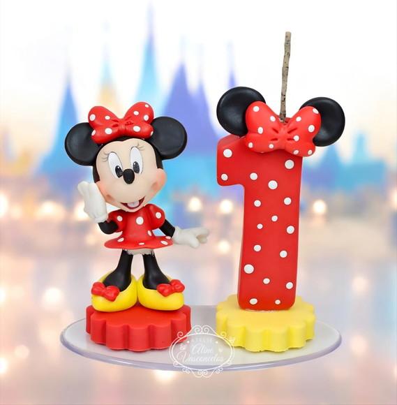 Mini Topo de Bolo Minnie Vermelha em Biscuit/ Vela Minnie