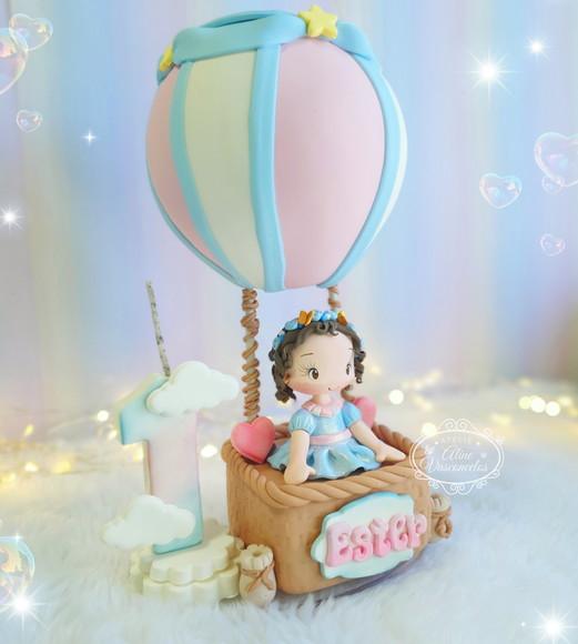 Topo de Bolo Balão Ar Quente Personalizado em Biscuit