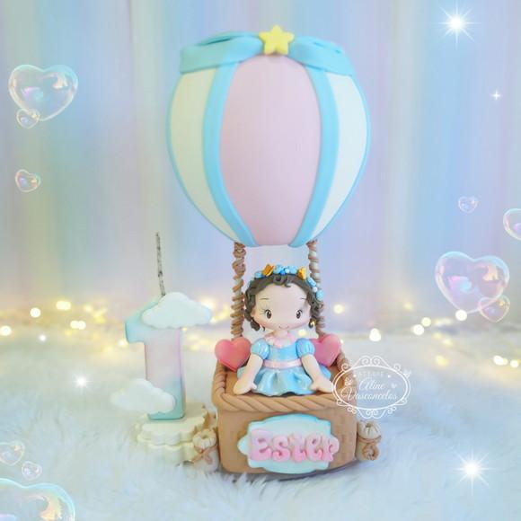 Topo de Bolo Balão Ar Quente Personalizado em Biscuit
