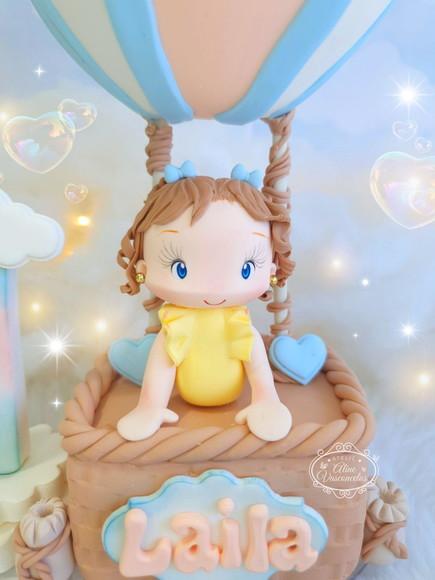 Topo de Bolo Balão Ar Quente Personalizado em Biscuit