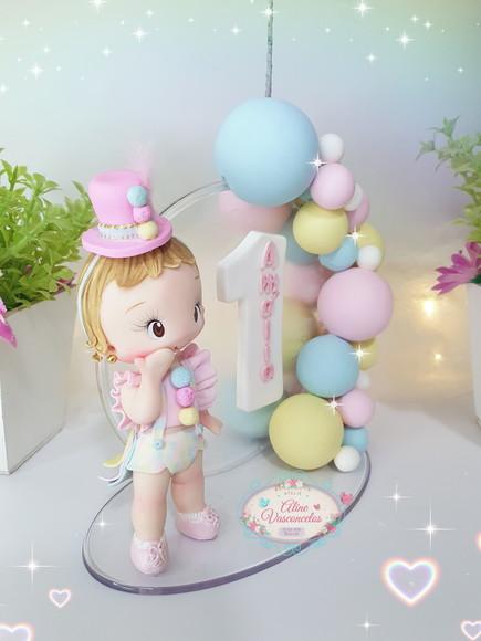 Topo de Bolo Circo Rosa Personalizado em Biscuit