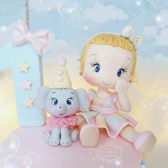 Topo de Bolo Circo Rosa Personalizado em Biscuit