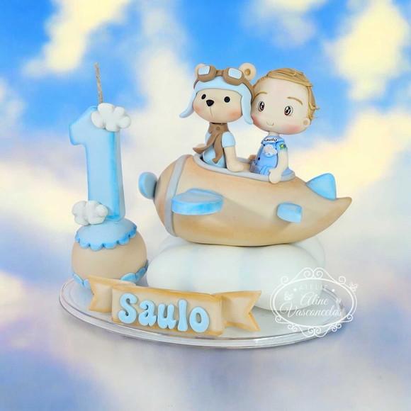 Topo de Bolo com Vela Ursinho Aviador em Biscuit