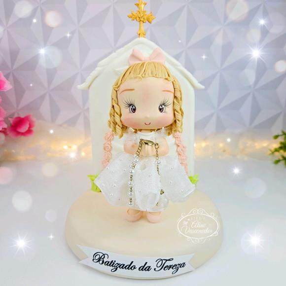 Topo de Bolo Criança Personalizada Batizado em Biscuit