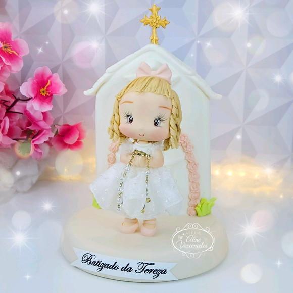 Topo de Bolo Criança Personalizada Batizado em Biscuit