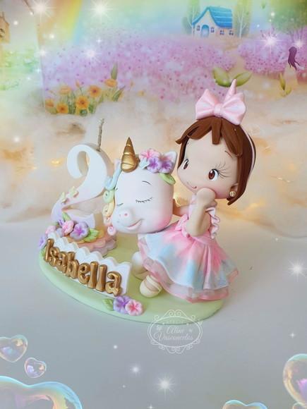 Topo de Bolo Jardim Unicórnio Personalizado em Biscuit