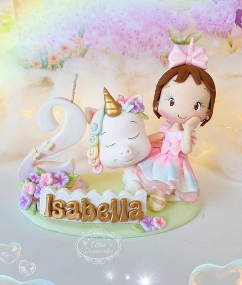 Topo de Bolo Jardim Unicórnio Personalizado em Biscuit