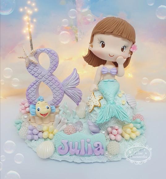 Topo de Bolo Pequena Sereia Personalizada em Biscuit