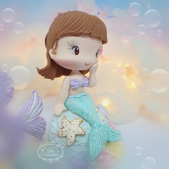 Topo de Bolo Pequena Sereia Personalizada em Biscuit
