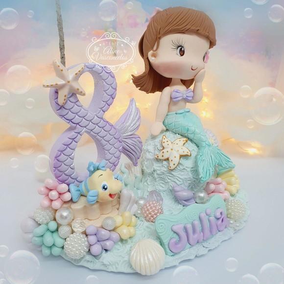 Topo de Bolo Pequena Sereia Personalizada em Biscuit