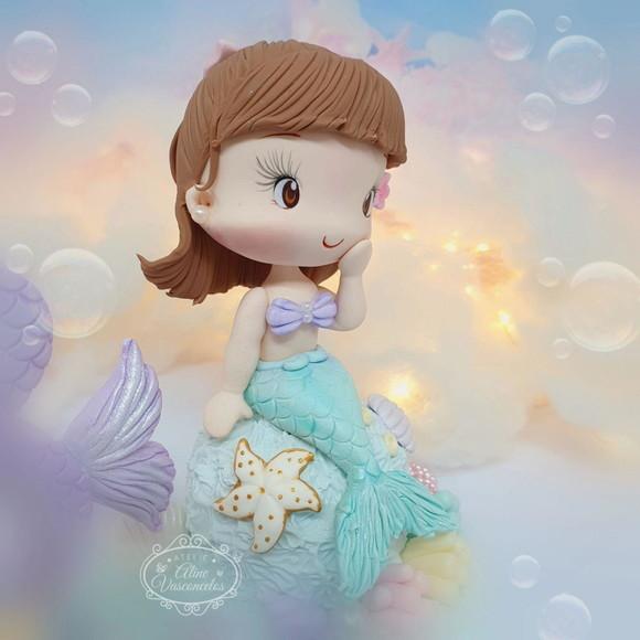 Topo de Bolo Pequena Sereia Personalizada em Biscuit