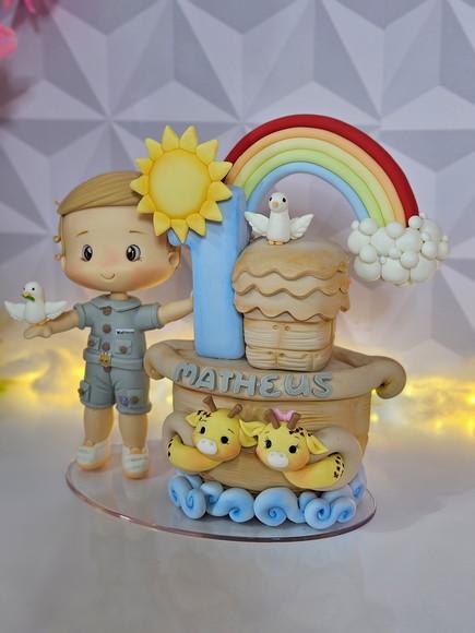 Topo de Bolo Personalizado Arca de Noé em Biscuit