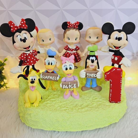 Topo de Bolo Turma do Mickey (trigêmeos/irmãos) em Biscuit