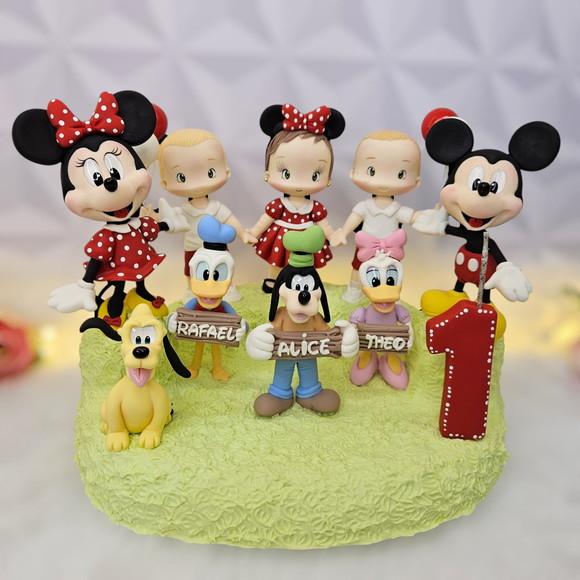 Topo de Bolo Turma do Mickey (trigêmeos/irmãos) em Biscuit
