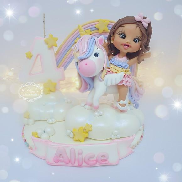 Topo de Bolo Unicórnio Personalizado em Biscuit