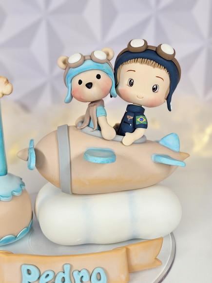Topo de Bolo Urso Aviador em Biscuit