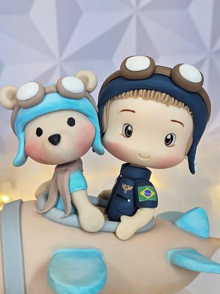Topo de Bolo Urso Aviador em Biscuit