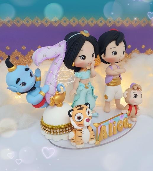 Topo de Bolo Vela Aladdin Jasmine em Biscuit