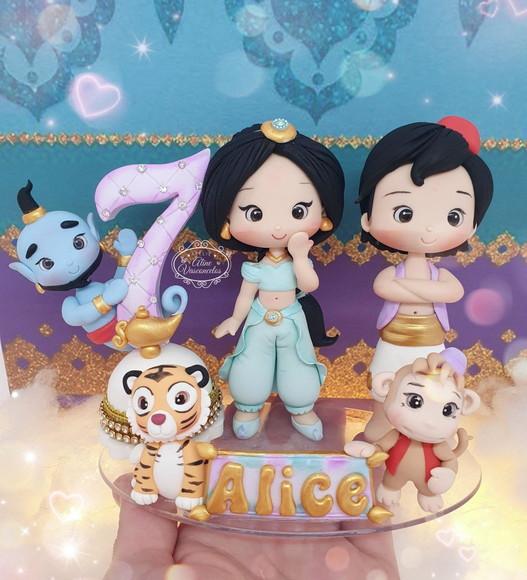 Topo de Bolo Vela Aladdin Jasmine em Biscuit