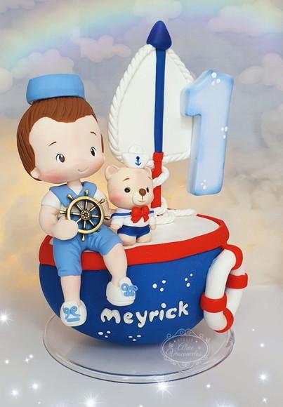 Topo de Bolo Urso Marinheiro Personalizado em Biscuit